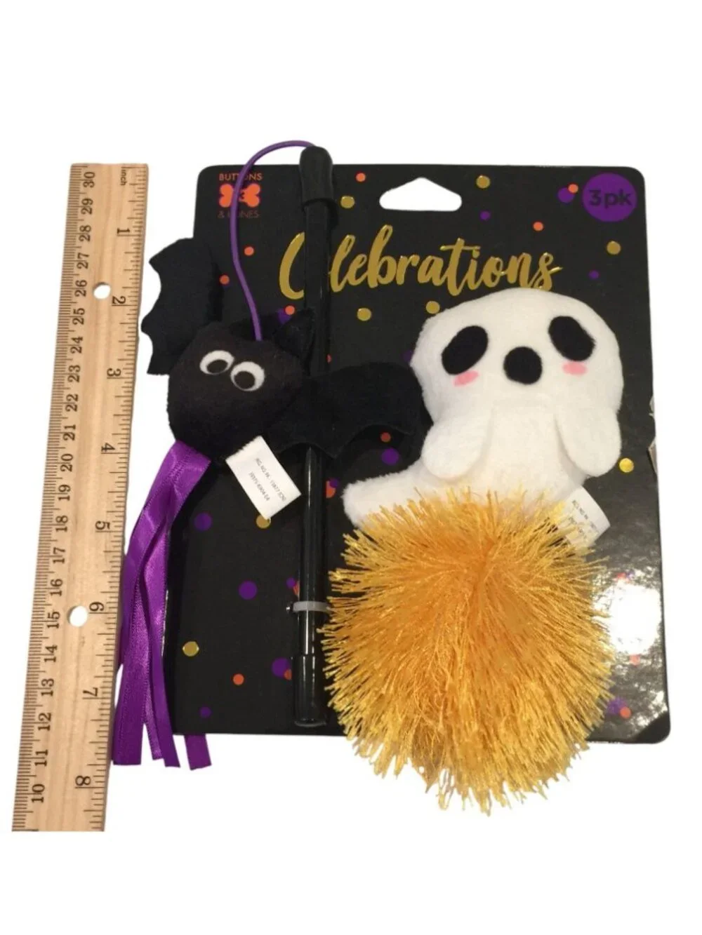 Celebrations Halloween Mini Cat Wand Ghost Bat Fluff Ball with Catnip Set of 2